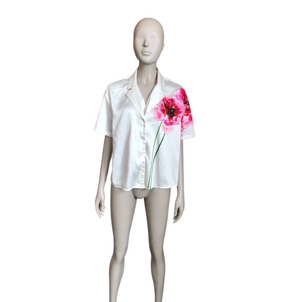 Express White and Pink Flower Short Sleeve Blouse